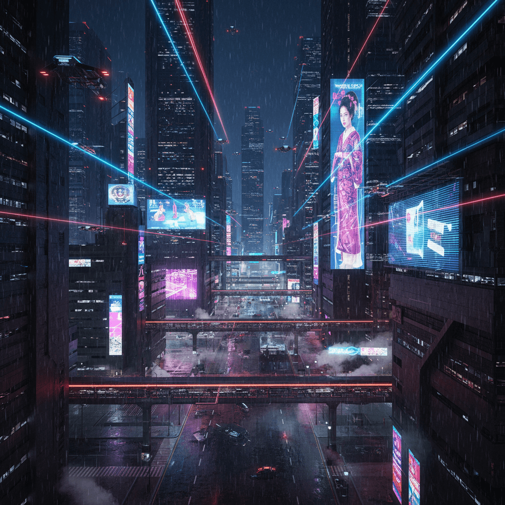 Cyberpunk Cityscape AI Prompt Cyberpunk Cityscape - Cyberpunk style AI art prompt example for landscape - cityscape, neon