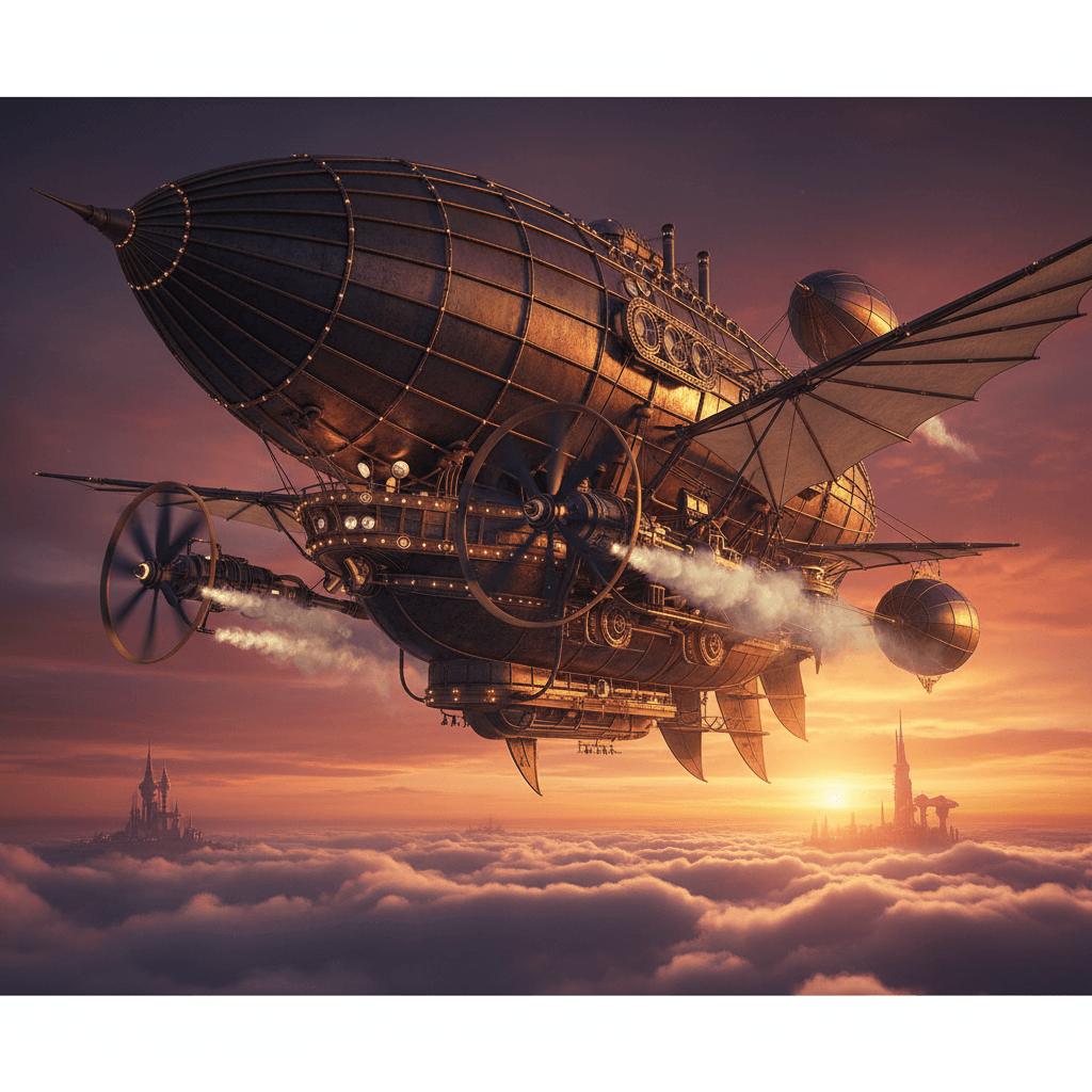 Steampunk Airship AI Prompt Steampunk Airship - Cyberpunk style AI art prompt example for landscape - steampunk, airship